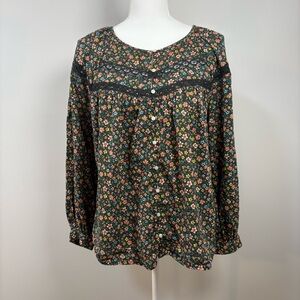 Boho Cottagecore Floral Lace Blouse Peasant Top Flowy Womens Medium